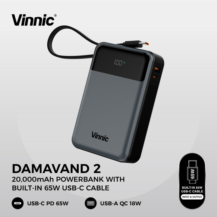 DAMAVAND 2  20,000mAh Powerbank with Built-in 65W USB-C Cable